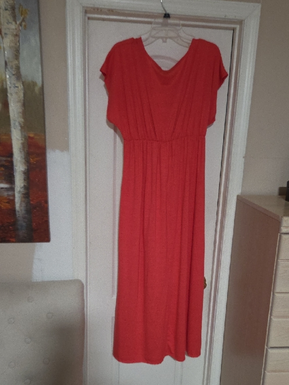 Women's Coral V-Neck Maxi Dress with White Print - Soft Jersey - Picture 9 of 11